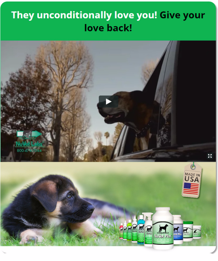 A German Shepherd puppy lies in grass near NuVet Labs pet supplement bottles; a dog looks out a car window above.